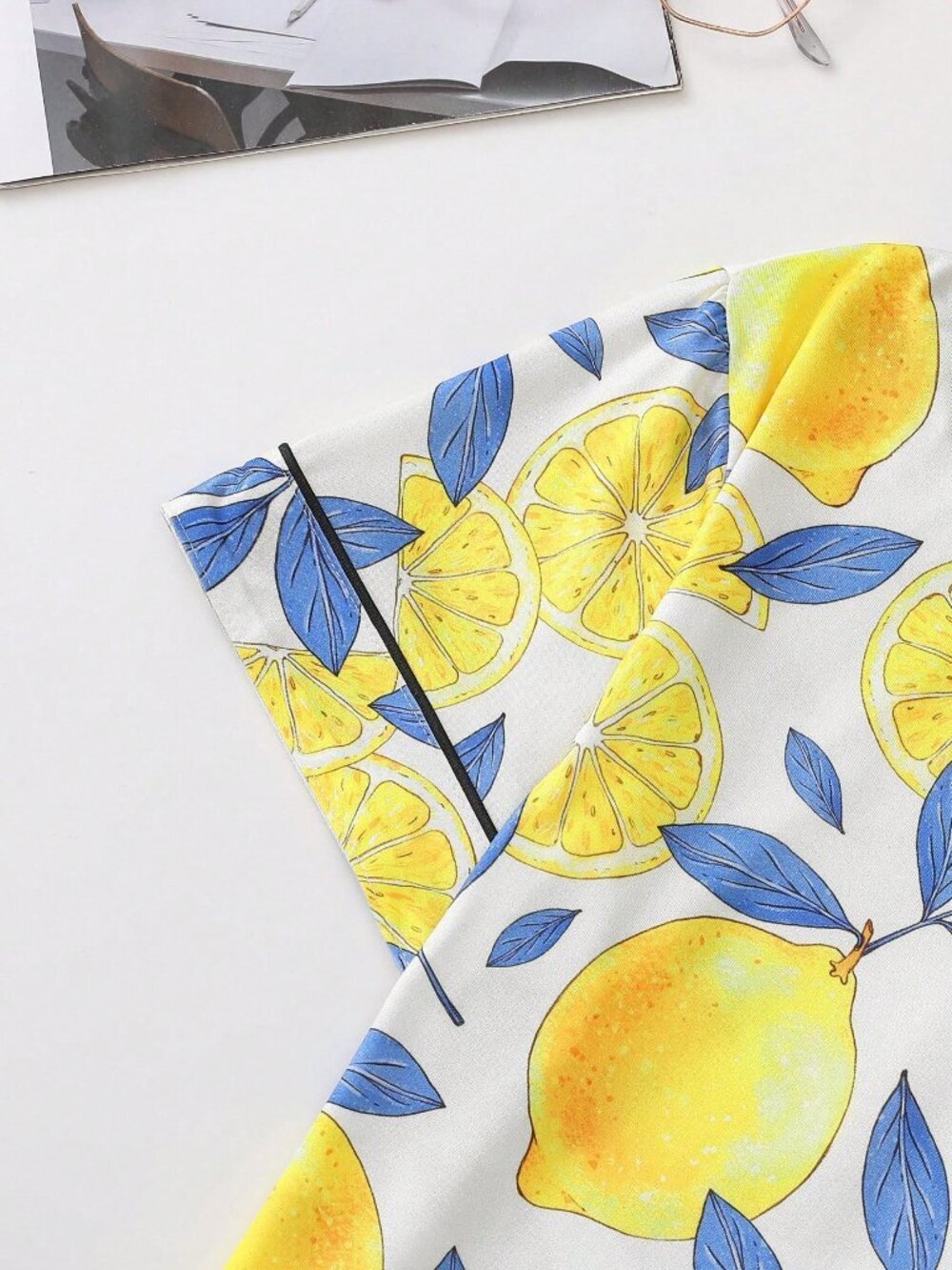 White Women's Lemon Print Pajama Sleeve Lapel Top and Shorts set - Picture 4 of 8